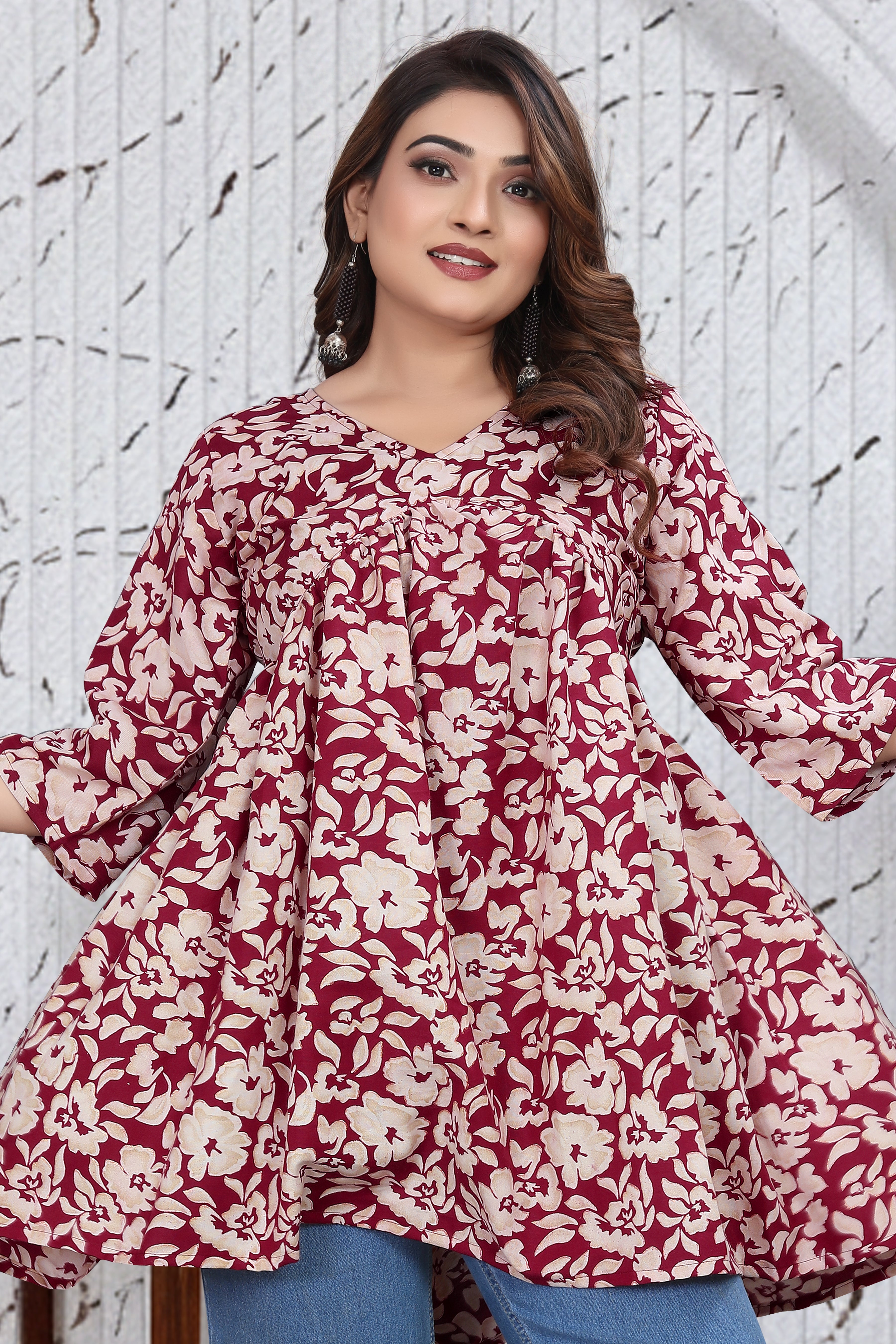 Maroon Floral Flared Top