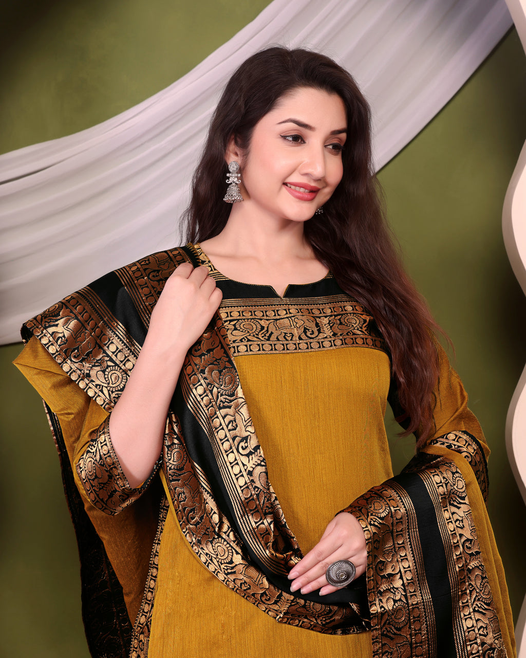 Royal Mustard Kanchi Cotton Kurti Set with Antique Zari Dupatta