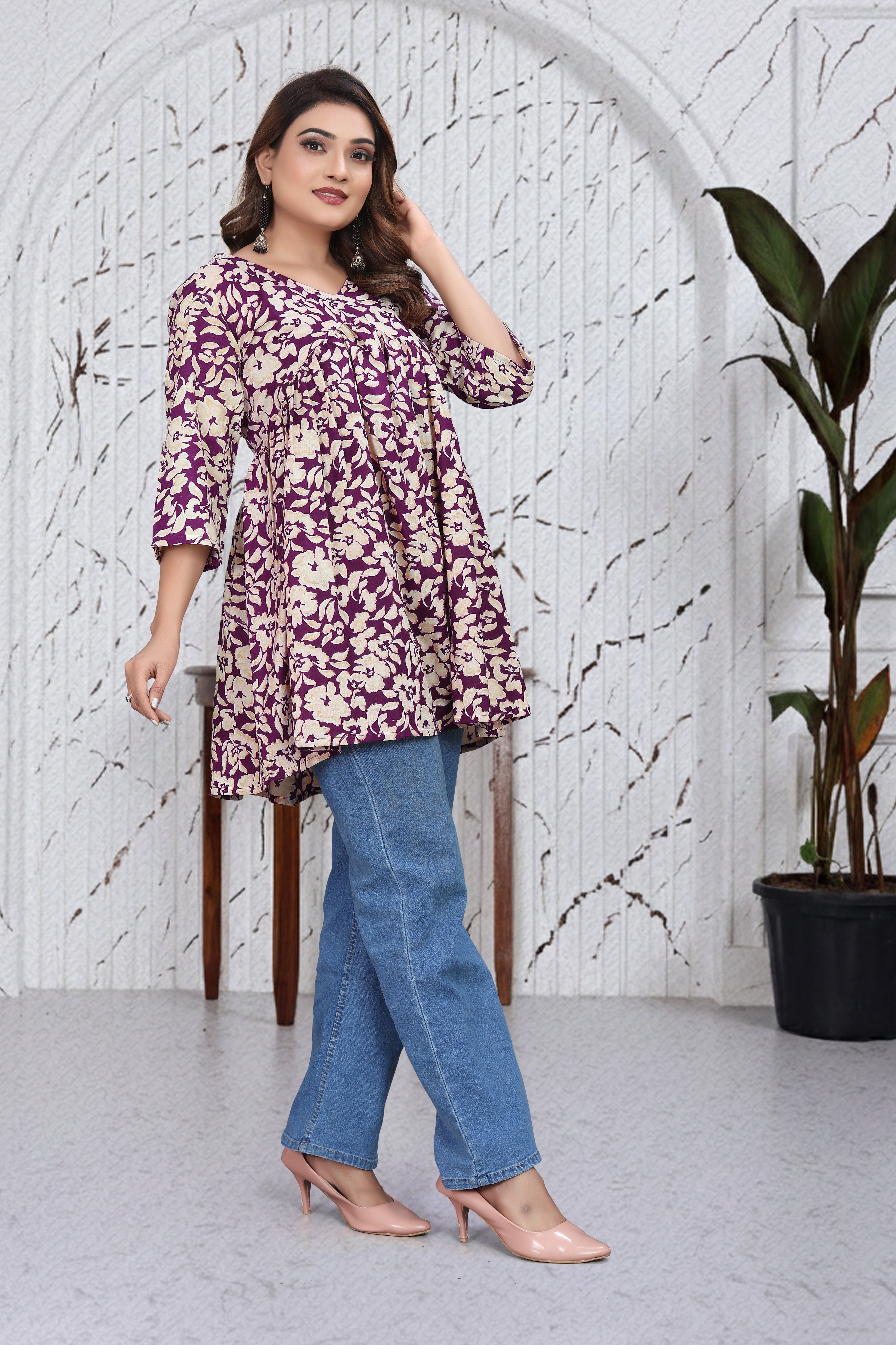 Purple Floral Flared Top