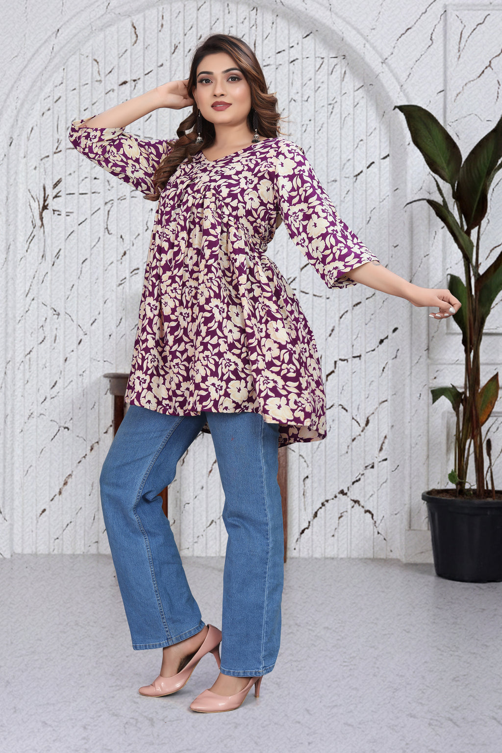 Purple Floral Flared Top