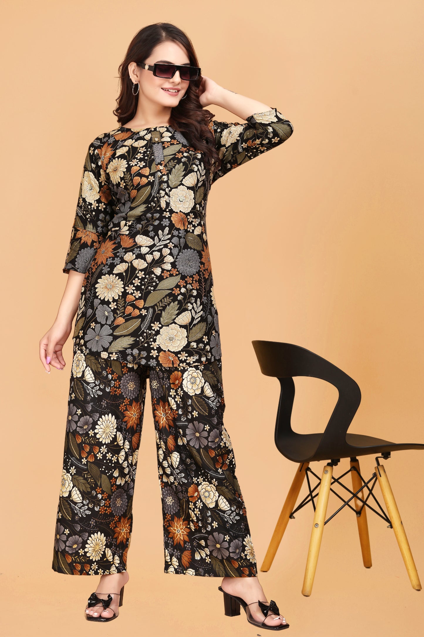 Black Floral Print Co-Ord Set in Rayon for Women - Stylish & Comfortable