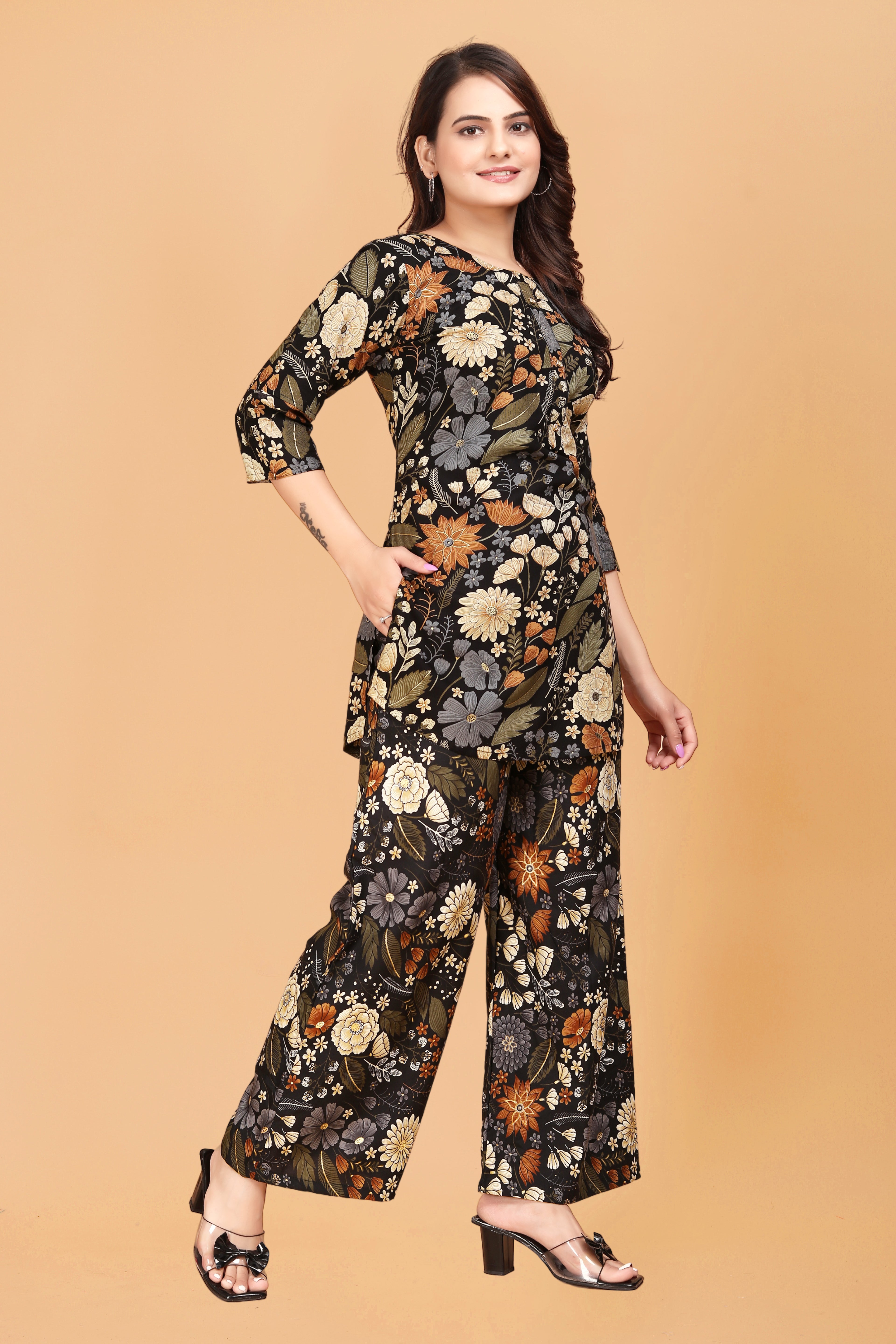 Black Floral Print Co-Ord Set in Rayon for Women - Stylish & Comfortable
