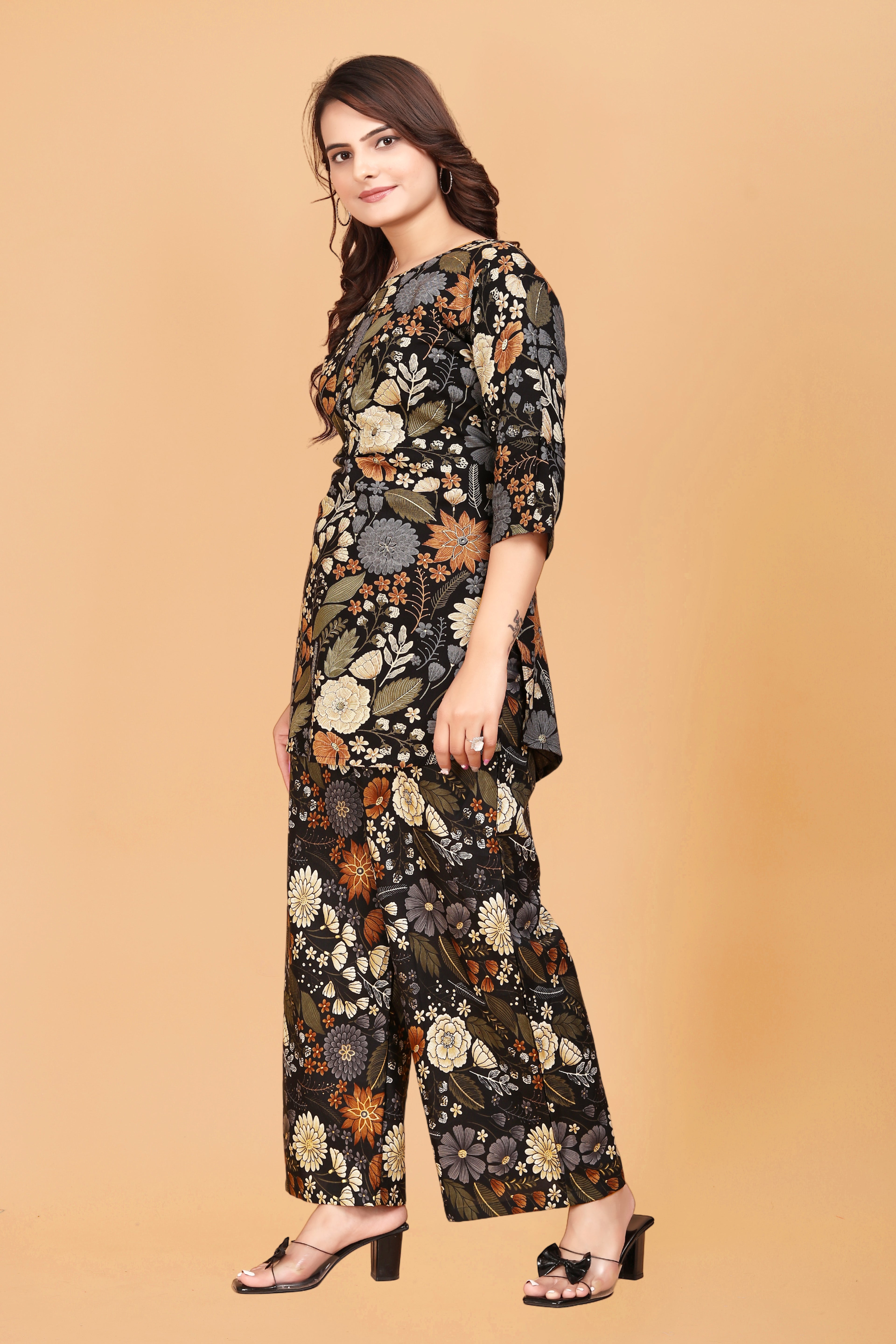 Black Floral Print Co-Ord Set in Rayon for Women - Stylish & Comfortable
