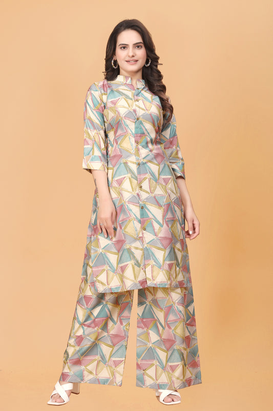 Pink Geometric Print Kurta Palazzo Set in Rayon – Vibrant & Stylish