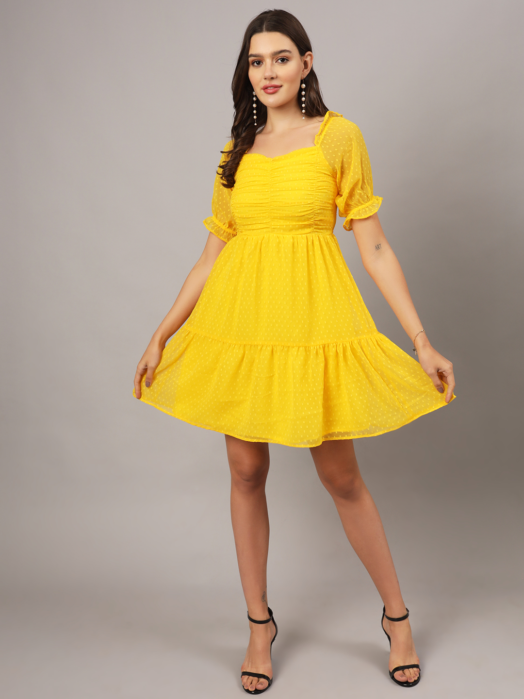 Yellow 2-Tier Fit & Flare Midi Dress with Puff Sleeve & Pockets