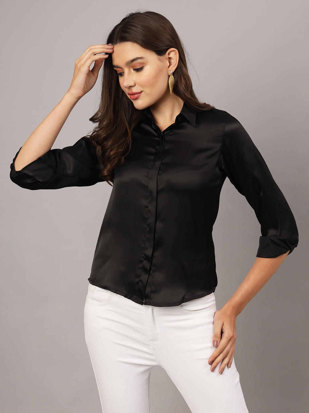 Black Satin Regular Fit Shirt with Cuffed Sleeve & Double Yoke