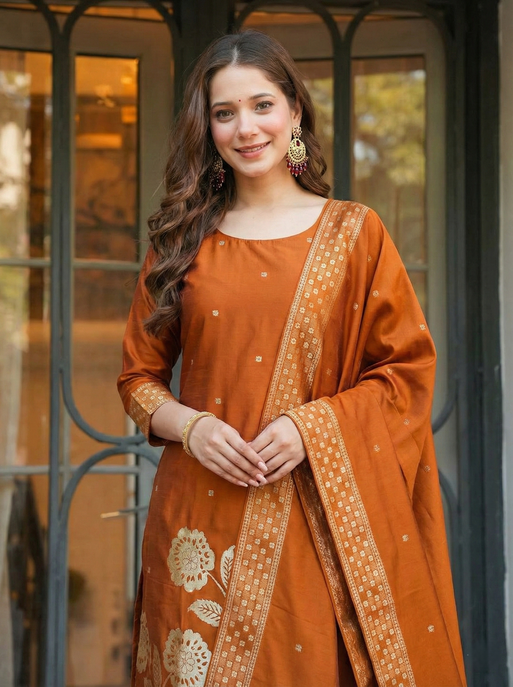 Rust Orange Jacquard Silk Suit Set with Dupatta