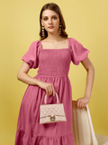 Pink Off-Shoulder Puff Sleeve Fit & Flare Midi Dress
