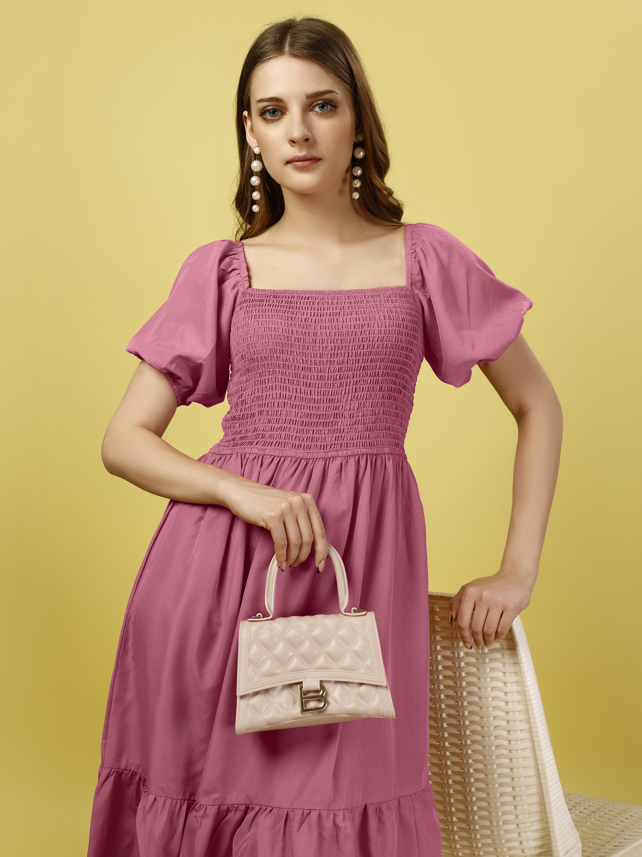 Pink Off-Shoulder Puff Sleeve Fit & Flare Midi Dress