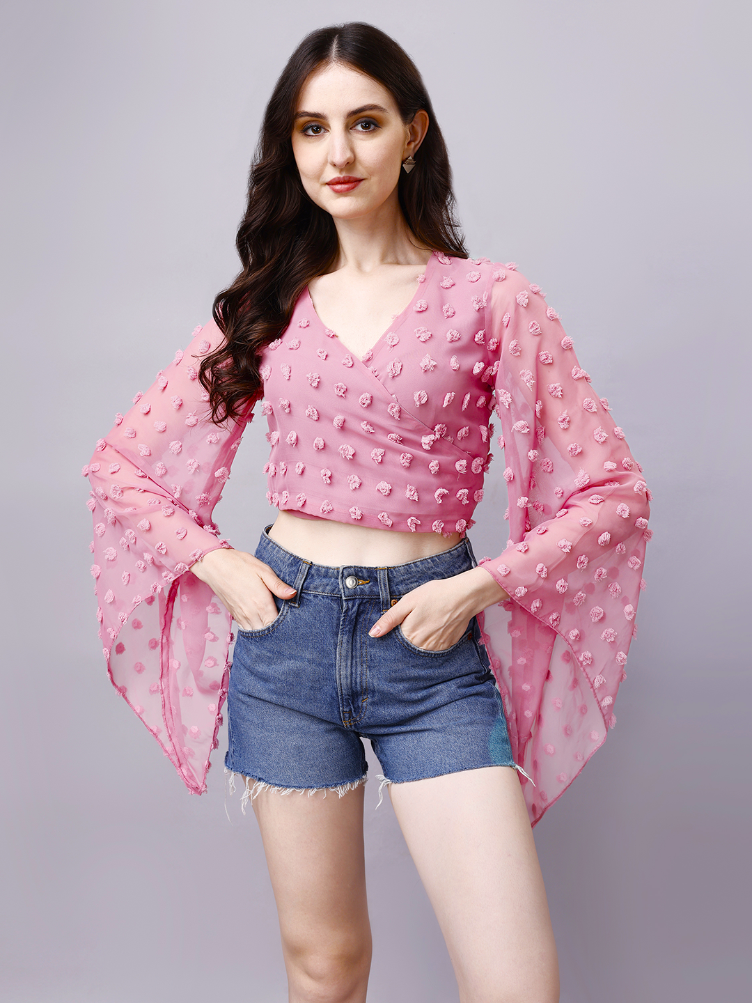 Pink Wrap Around Top with Pom Pom & Bell Sleeve