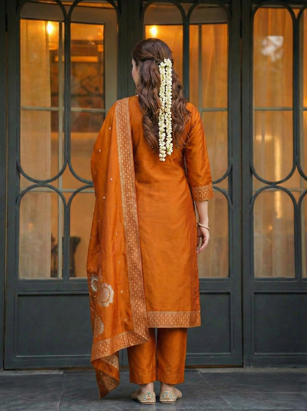 Rust Orange Jacquard Silk Suit Set with Dupatta