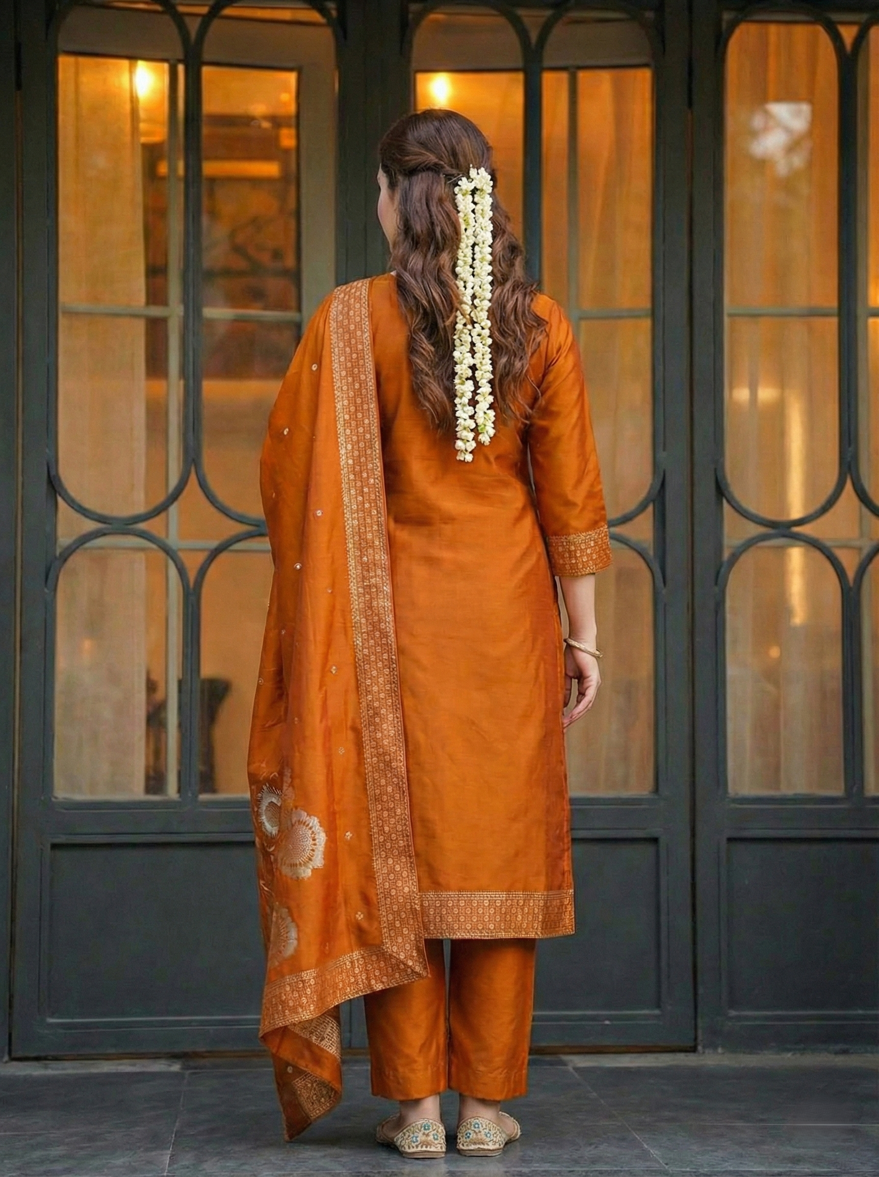 Rust Orange Jacquard Silk Suit Set with Dupatta