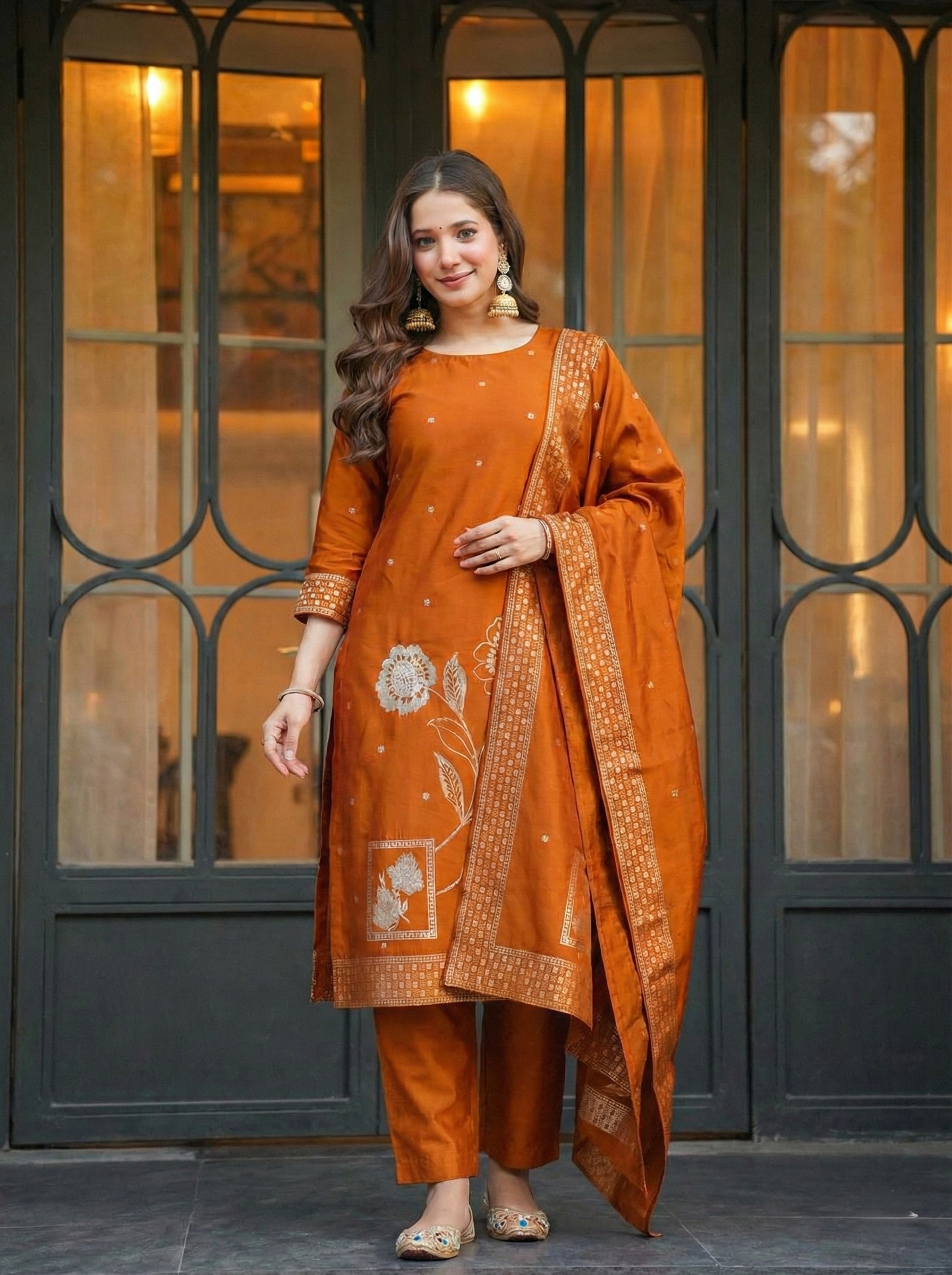 Rust Orange Jacquard Silk Suit Set with Dupatta