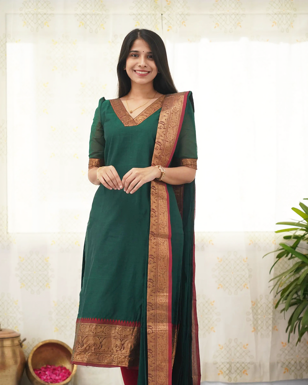 Bottle Green Kanchi Cotton Kurti with Golden Dupatta