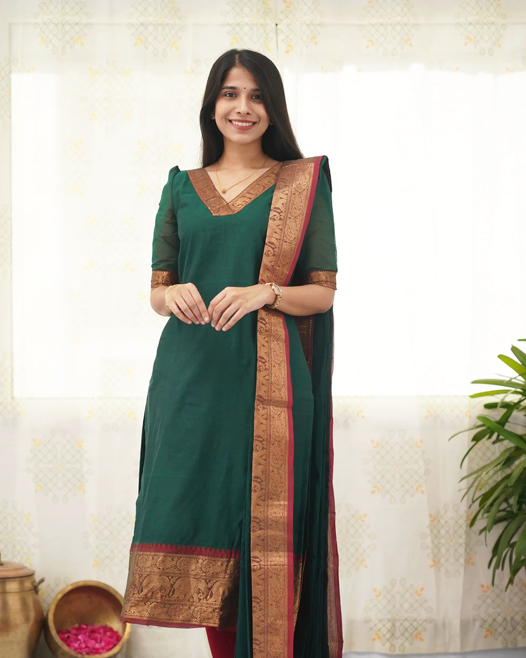 Bottle Green Kanchi Cotton Kurti with Golden Dupatta