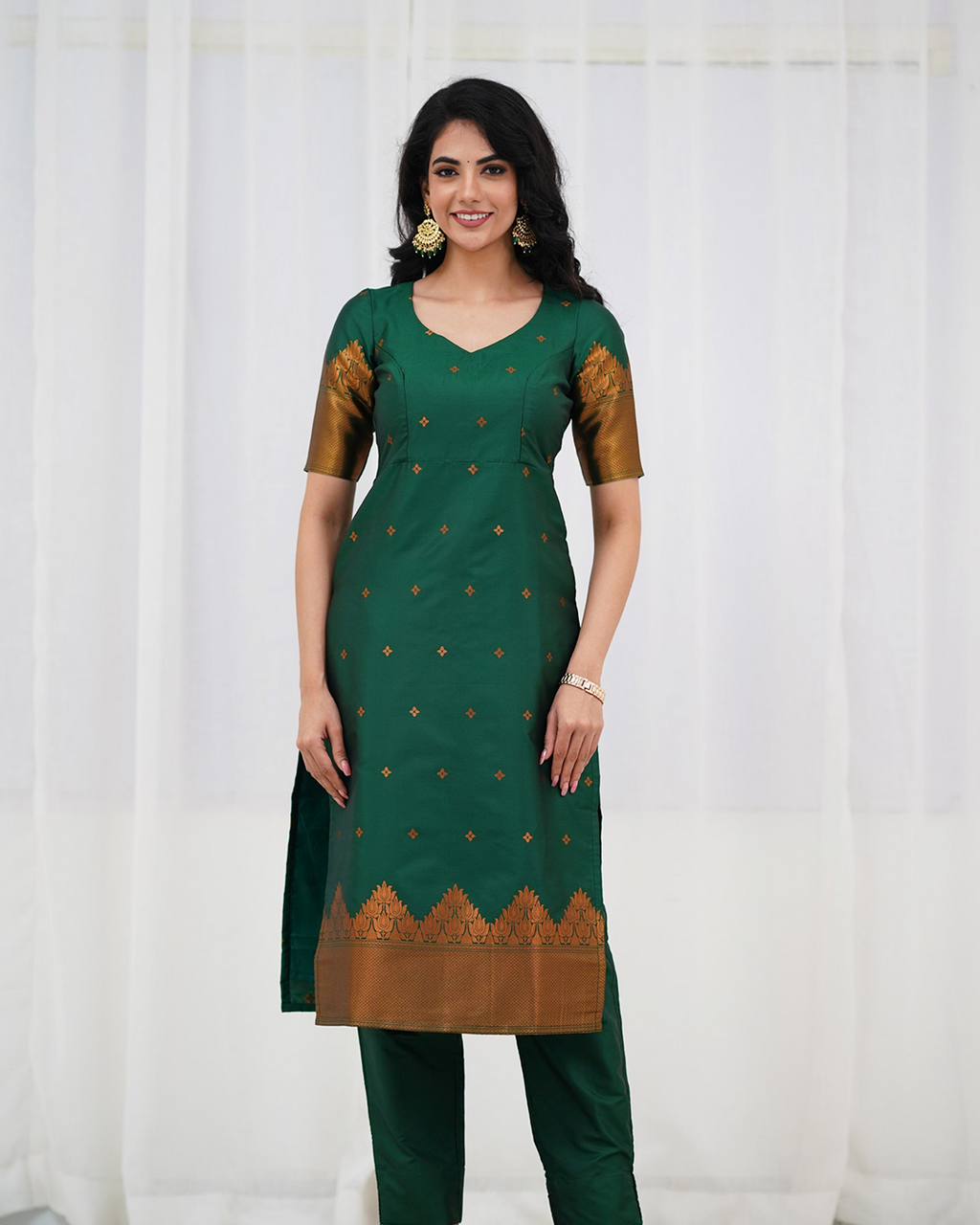 Emerald Green Silk Kurti Set with Zari Dupatta