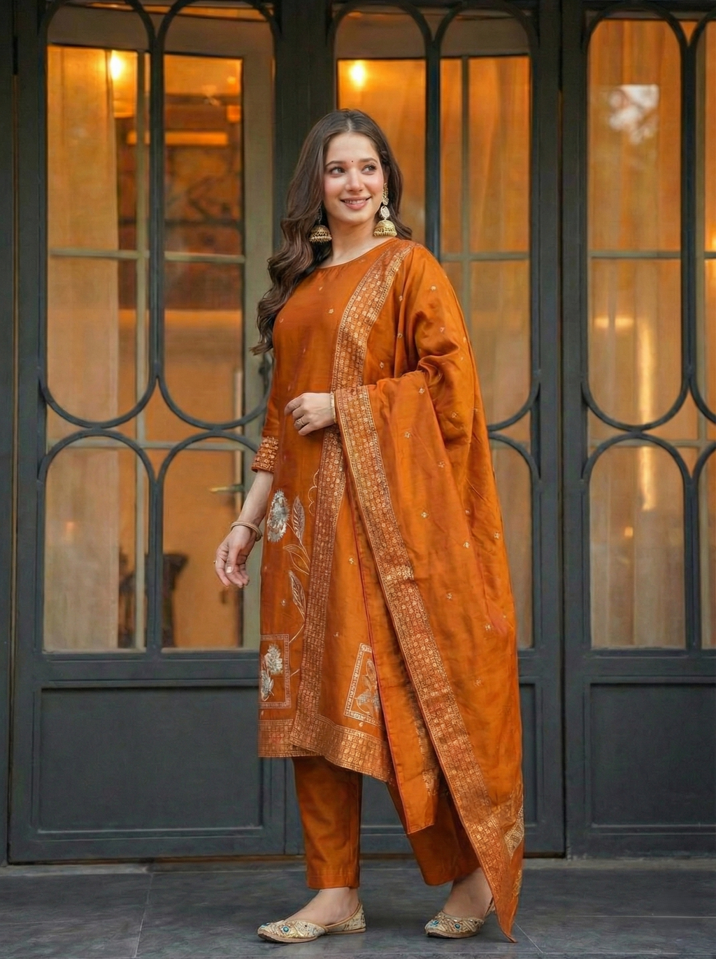 Rust Orange Jacquard Silk Suit Set with Dupatta
