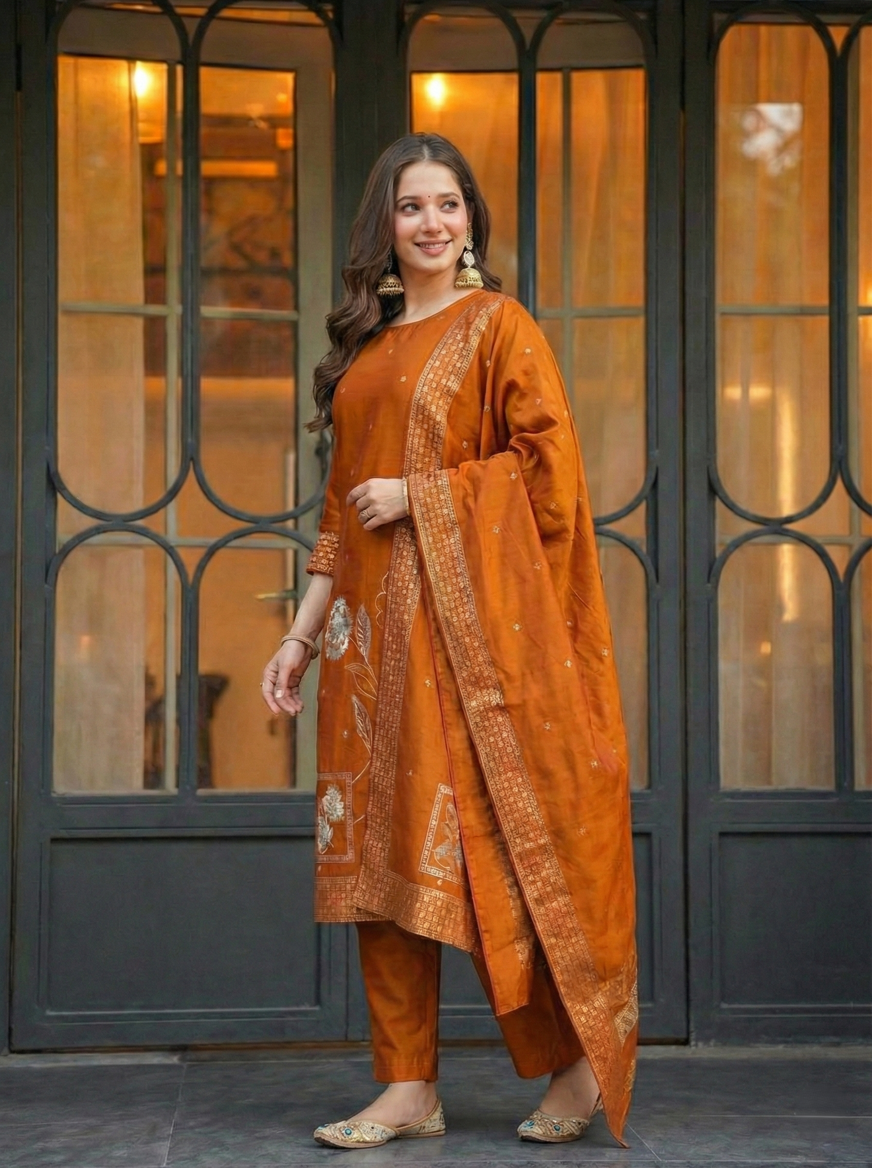 Rust Orange Jacquard Silk Suit Set with Dupatta