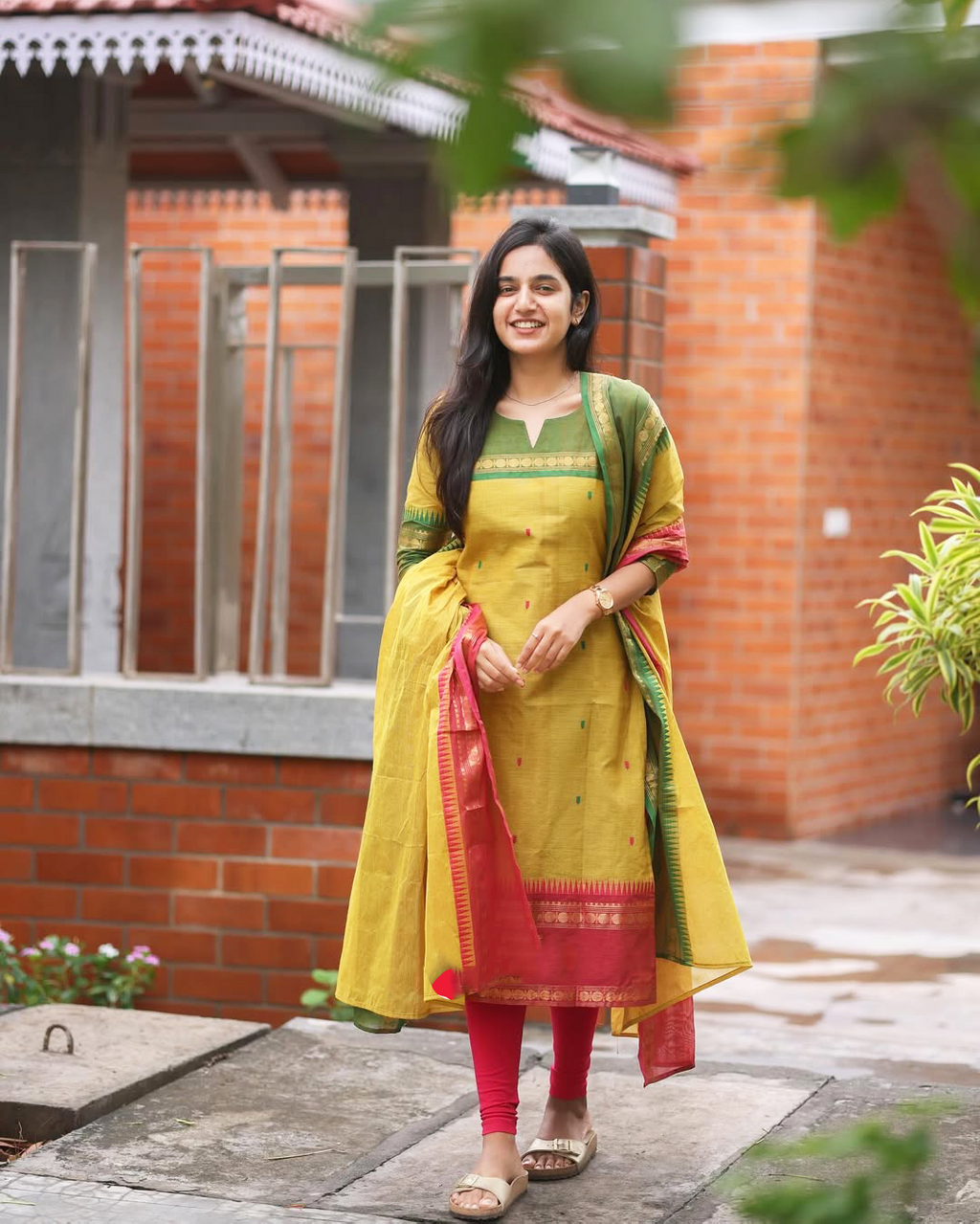 Yellow Kanchi Cotton Kurti with Red Dupatta