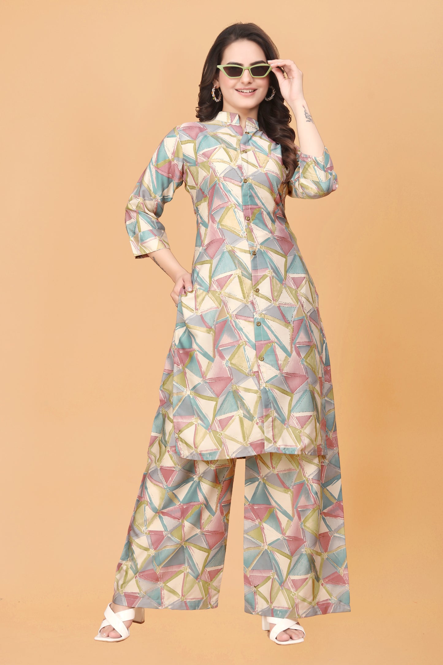 Pink Geometric Print Kurta Palazzo Set in Rayon – Vibrant & Stylish