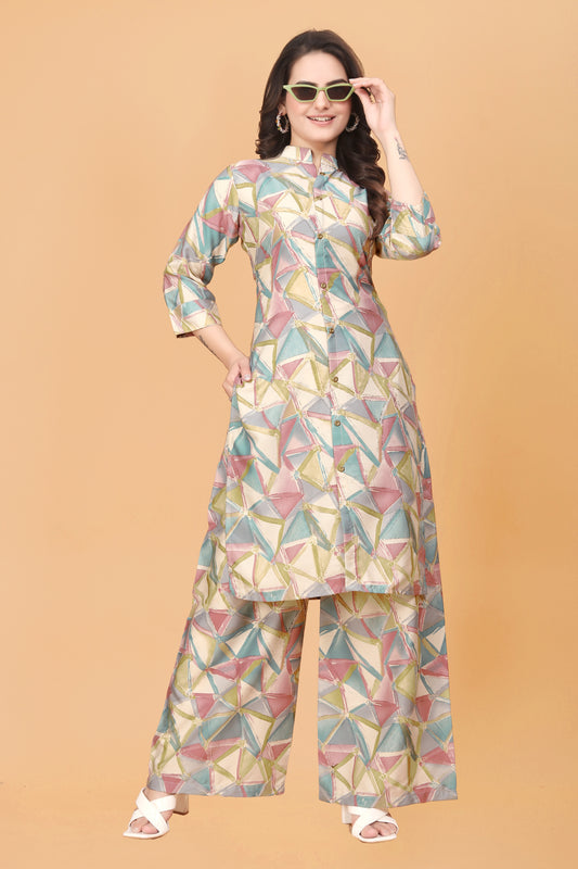 Pink Geometric Print Kurta Palazzo Set in Rayon – Vibrant & Stylish