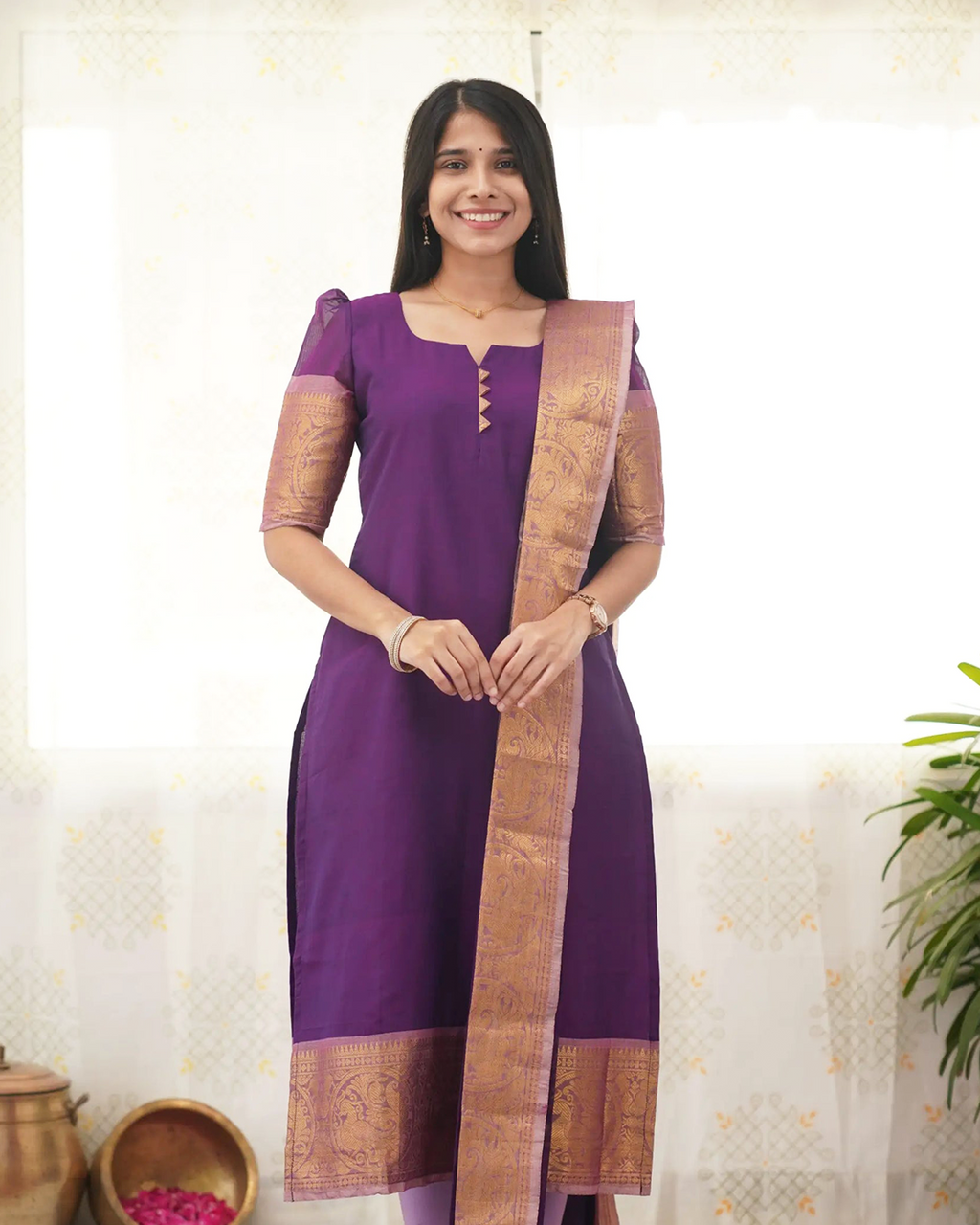 Purple Kanchi Cotton Kurti with Golden Dupatta