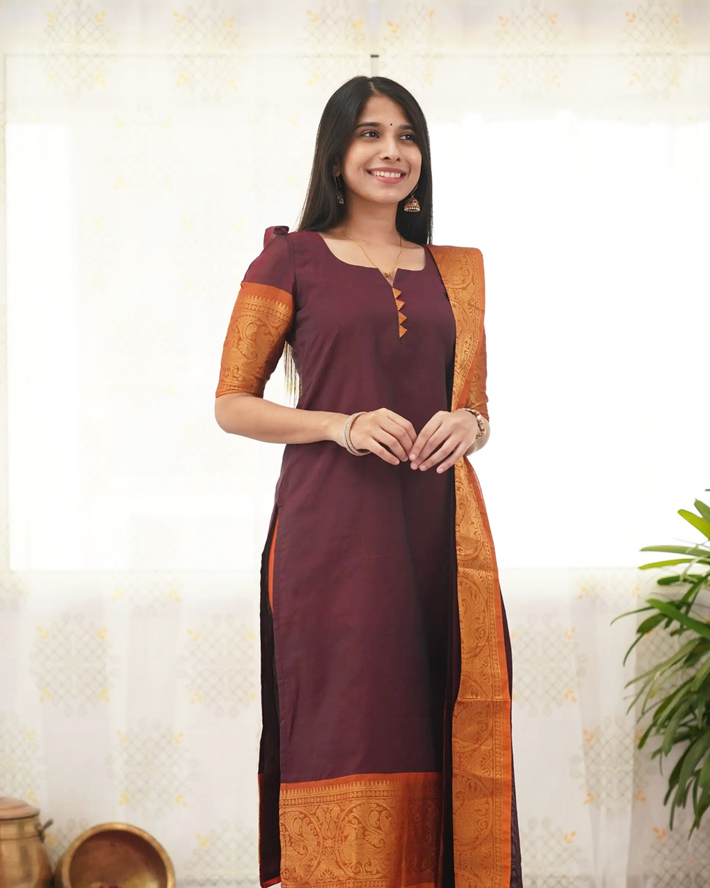 Maroon Kanchi Cotton Kurti with Golden Dupatta