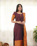 Maroon Kanchi Cotton Kurti with Golden Dupatta