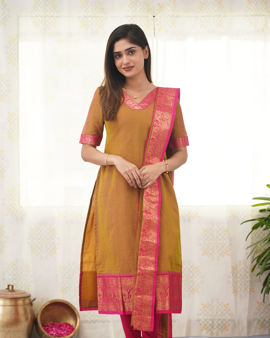 Mustard Yellow Kanchi Cotton Kurti with Pink Dupatta