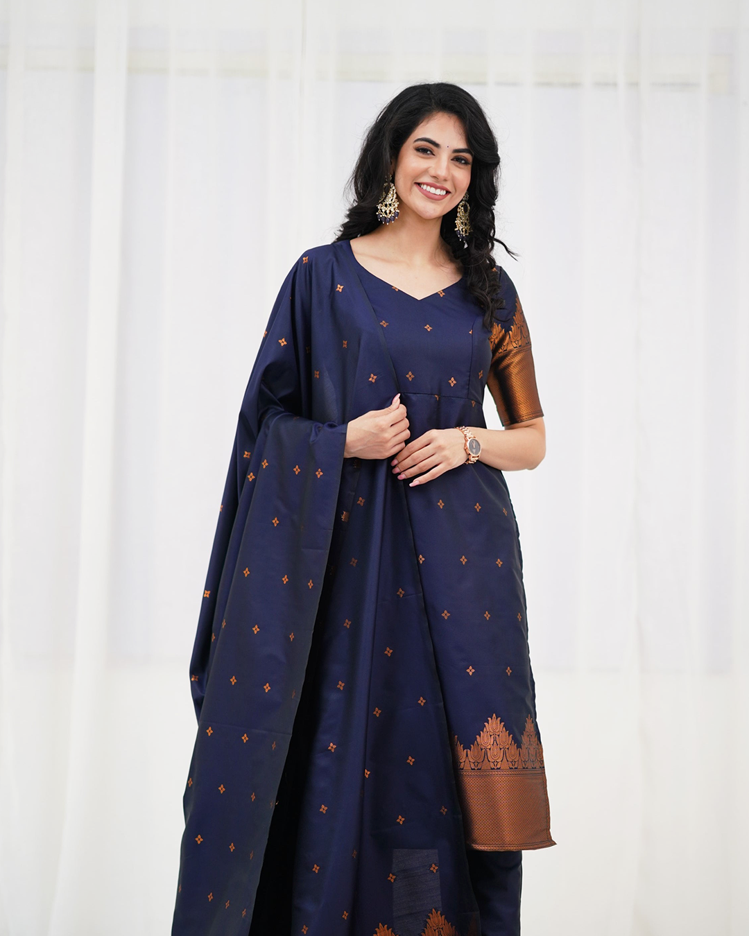 Midnight Blue Silk Kurti Set with Zari Dupatta
