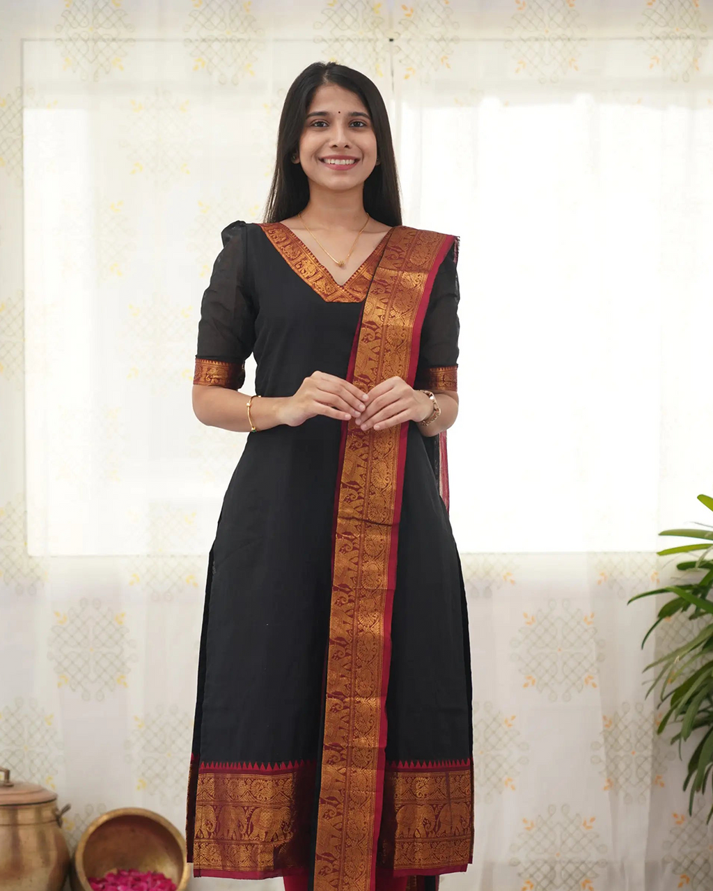Black Kanchi Cotton Kurti with Golden Dupatta