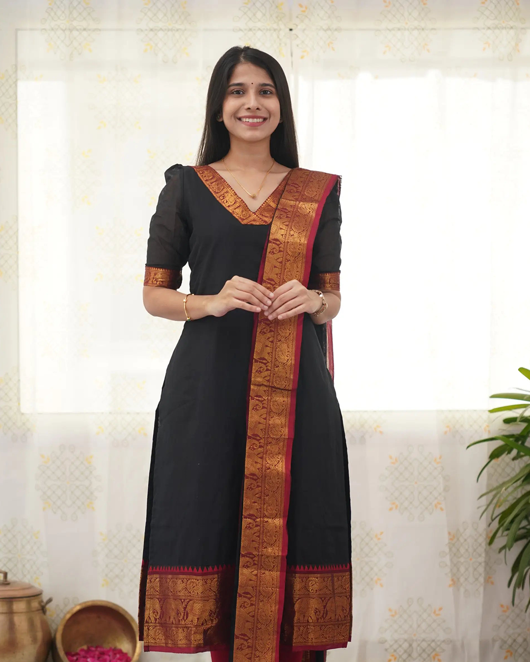 Black Kanchi Cotton Kurti with Golden Dupatta