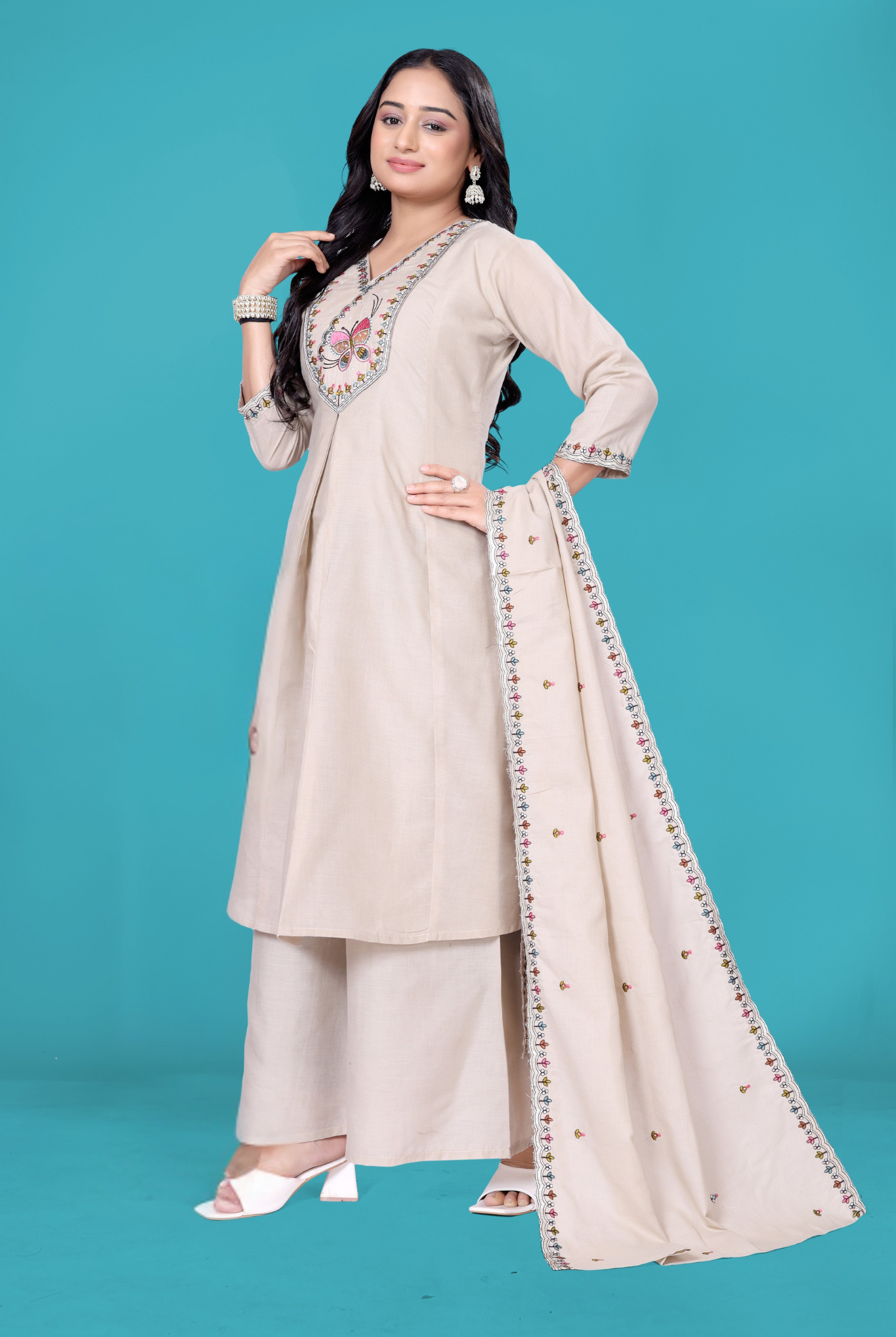 Butterfly Cotton Blend Embroidered Suit Set with Dupatta | Butterfly Design Kurta Set | PC Cotton