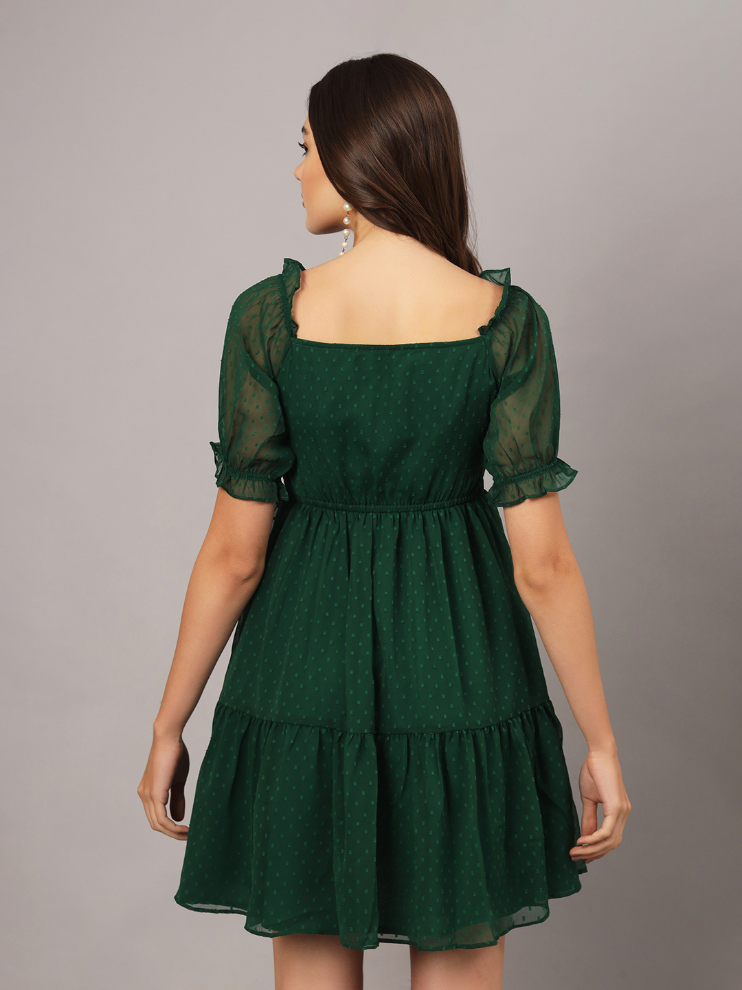 Green 2-Tier Fit & Flare Midi Dress with Puff Sleeve & Pockets