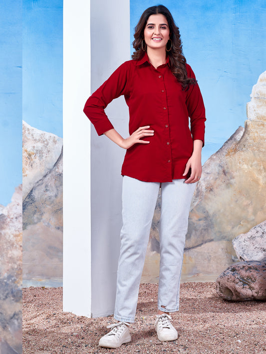 Red Solid Cotton Shirt for Women – Plain & Comfortable Everyday Wear