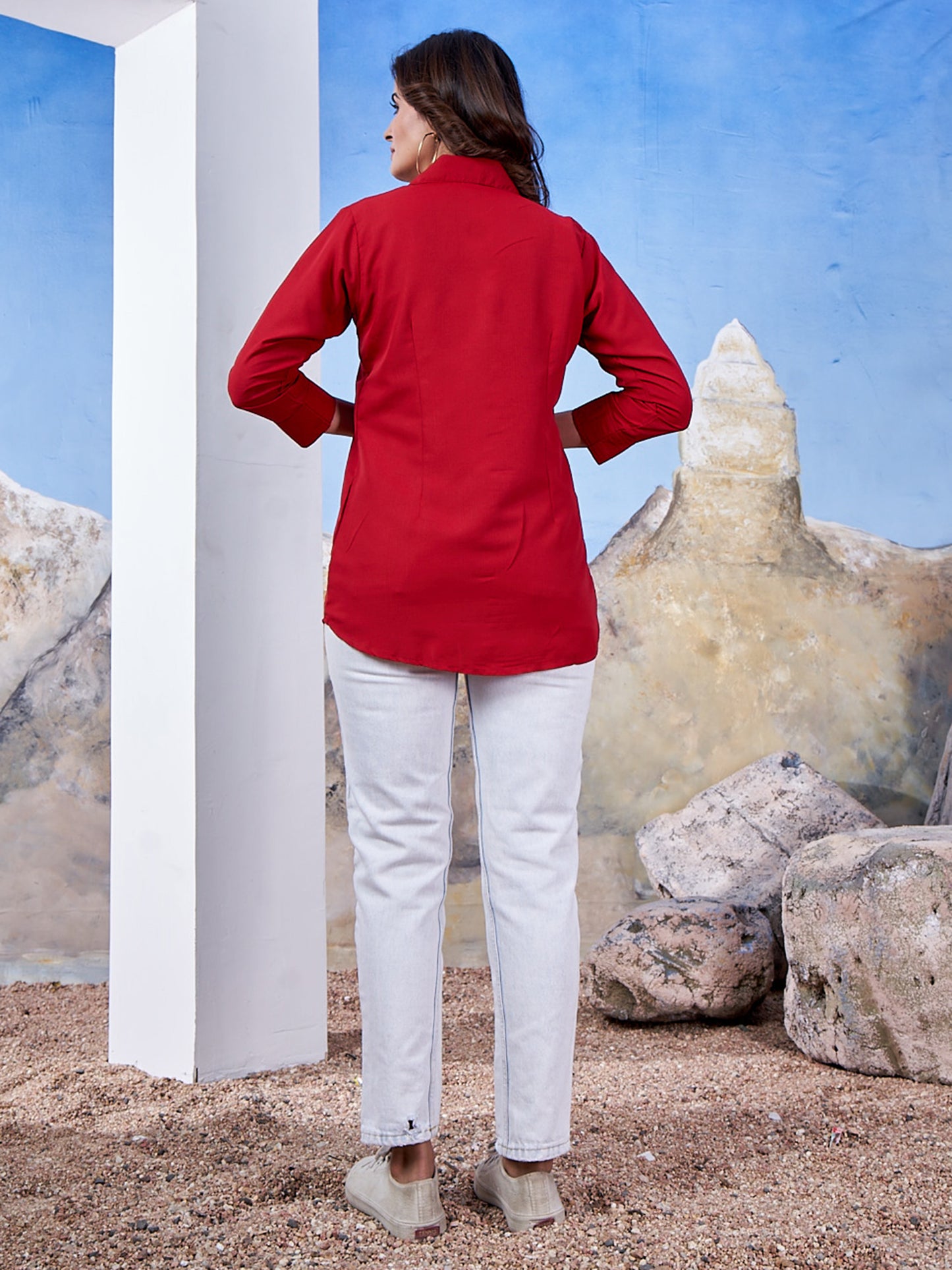 Red Solid Cotton Shirt for Women – Plain & Comfortable Everyday Wear