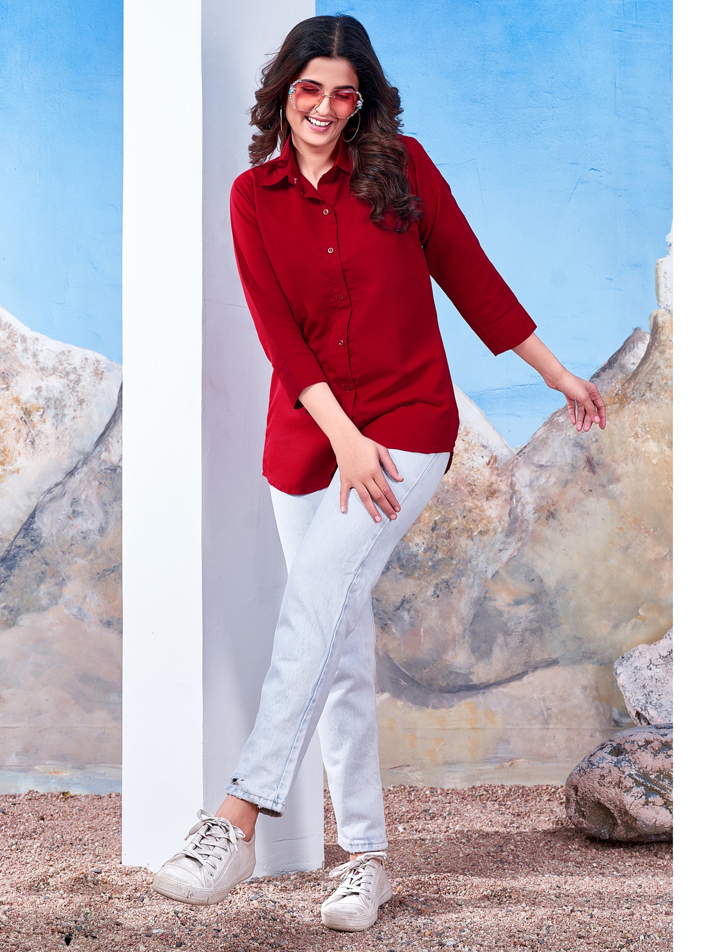 Red Solid Cotton Shirt for Women – Plain & Comfortable Everyday Wear