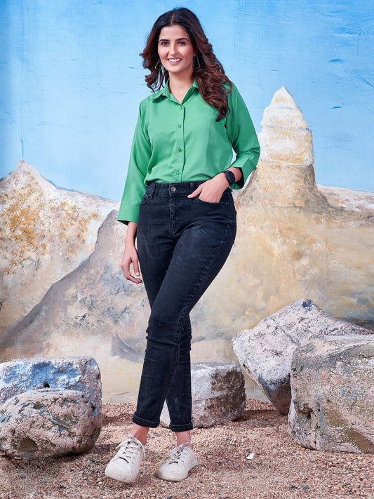 Cyan Green Solid Cotton Shirt for Women – Plain & Comfortable Everyday Wear