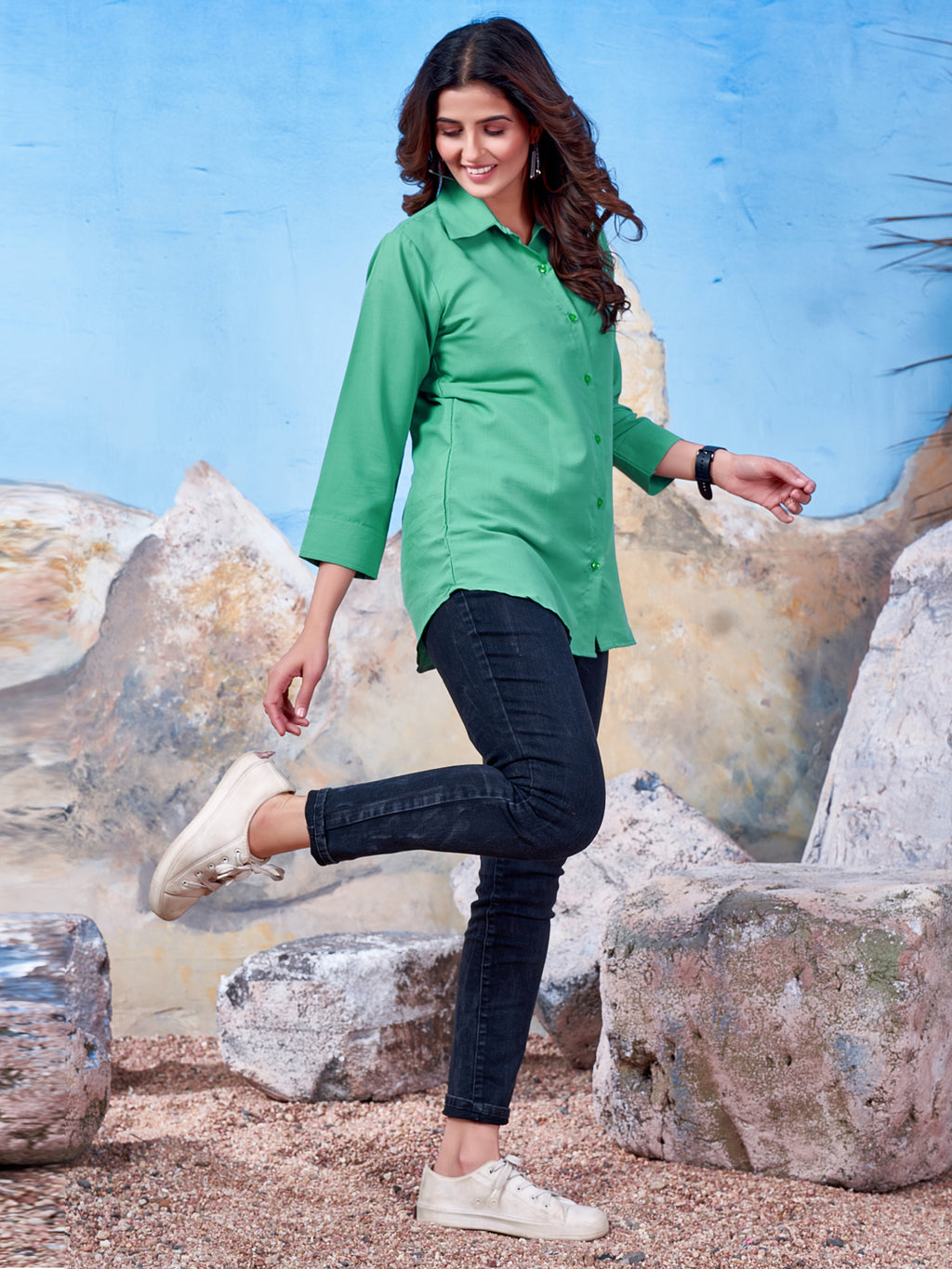 Cyan Green Solid Cotton Shirt for Women – Plain & Comfortable Everyday Wear