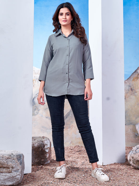 Light Grey Solid Cotton Shirt for Women – Plain & Comfortable Everyday Wear
