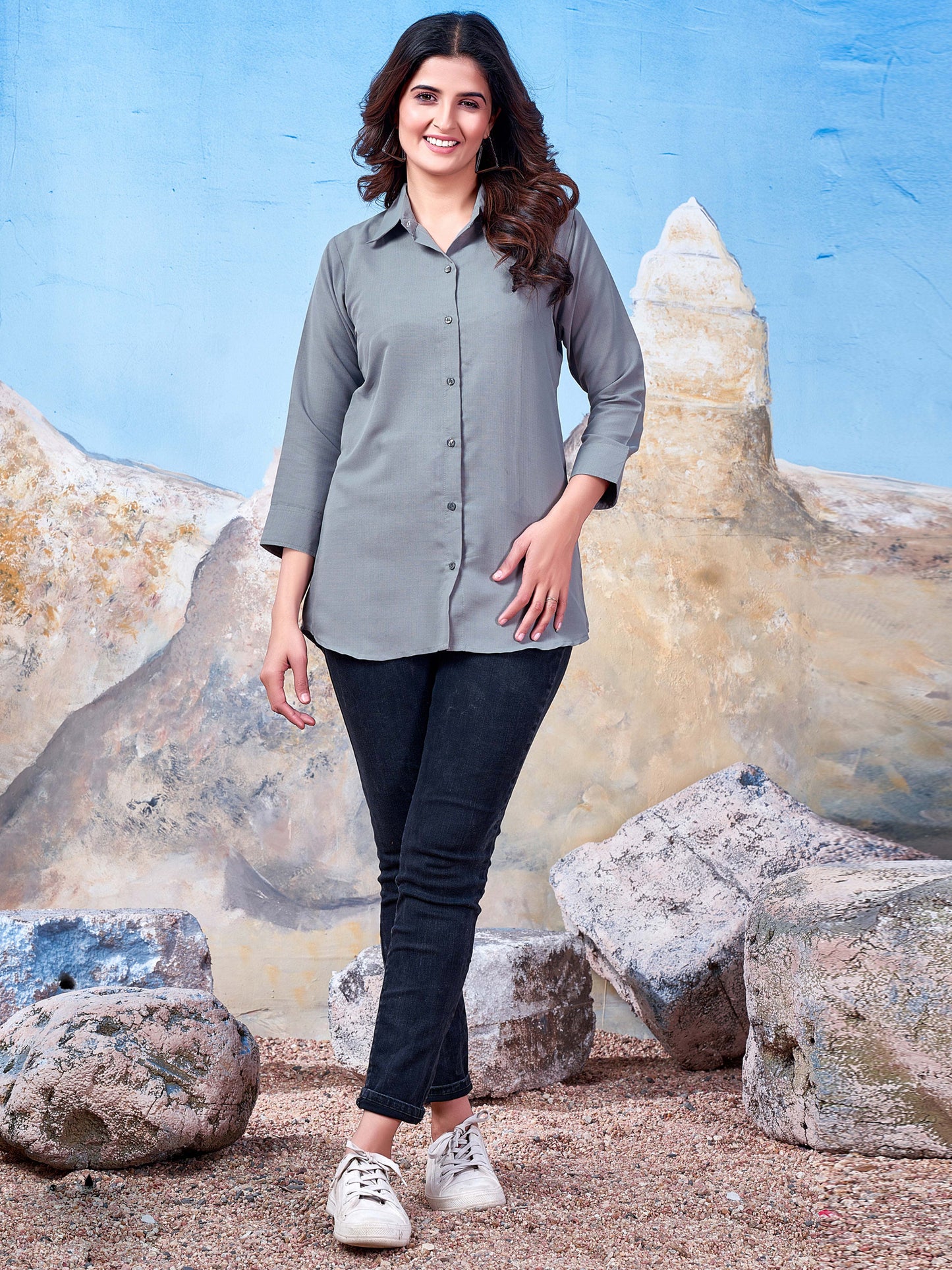 Light Grey Solid Cotton Shirt for Women – Plain & Comfortable Everyday Wear