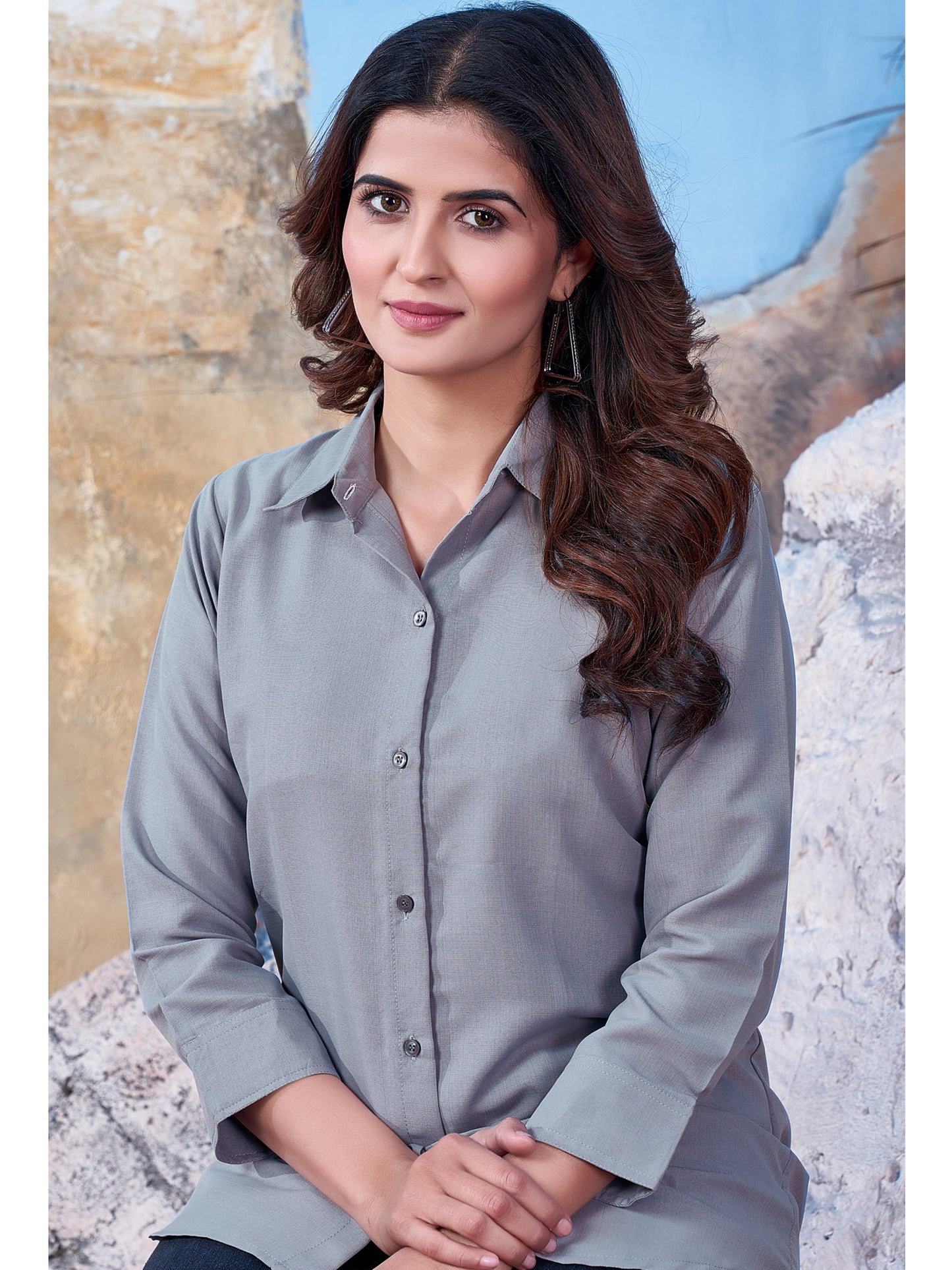 Light Grey Solid Cotton Shirt for Women – Plain & Comfortable Everyday Wear