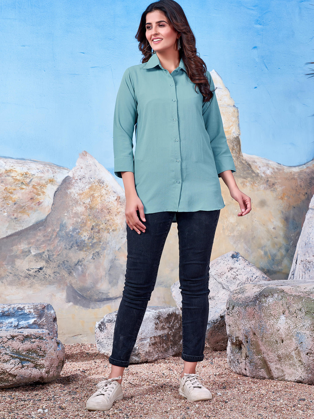 Solid Cotton Light Blue Shirt for Women – Plain & Comfortable Everyday Wear