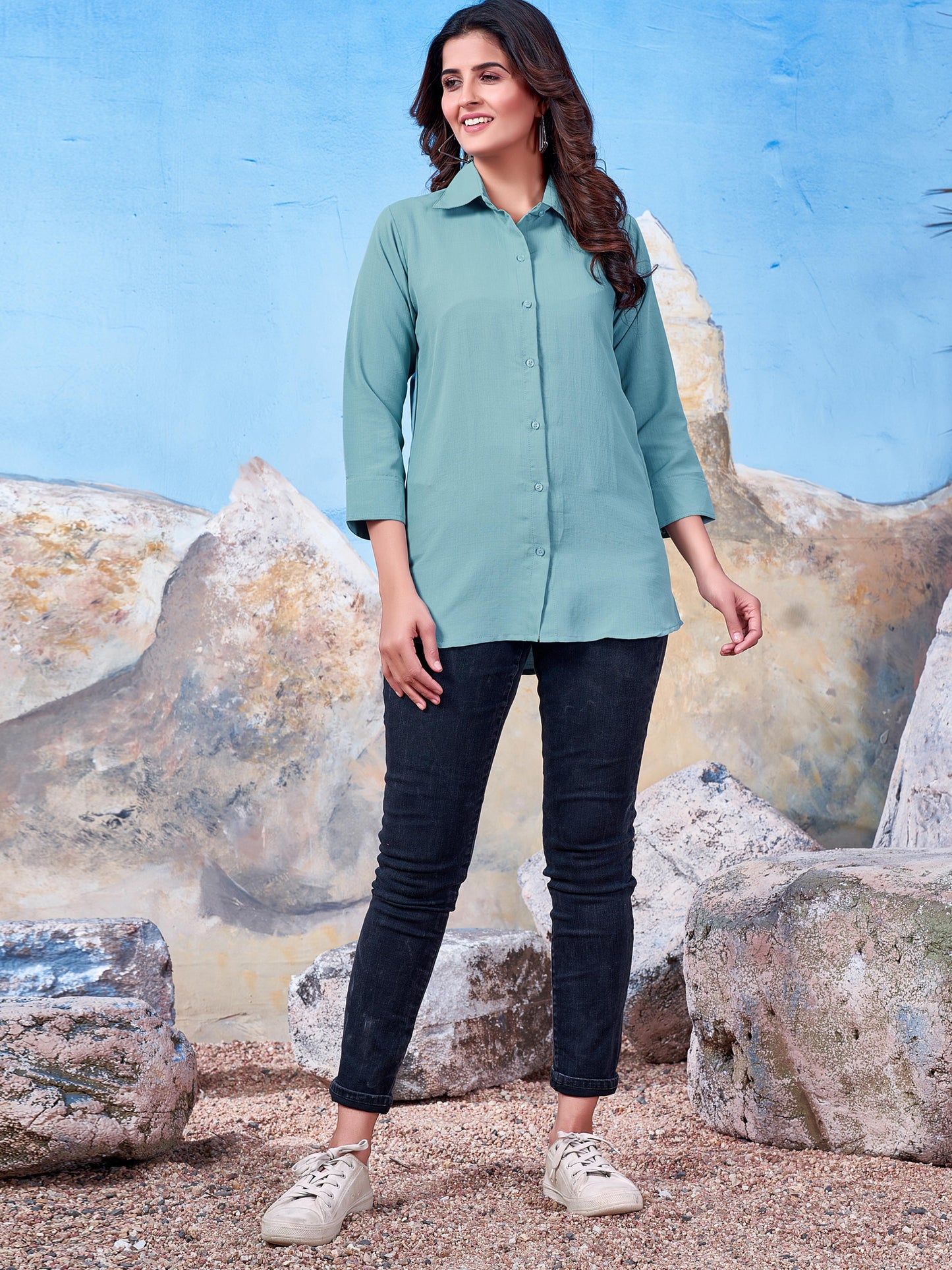 Solid Cotton Light Blue Shirt for Women – Plain & Comfortable Everyday Wear