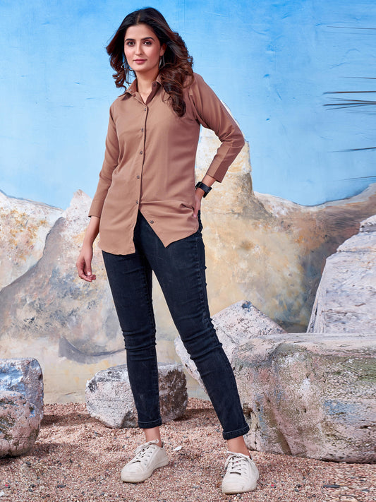 Solid Cotton Light Brown Shirt for Women – Plain & Comfortable Everyday Wear
