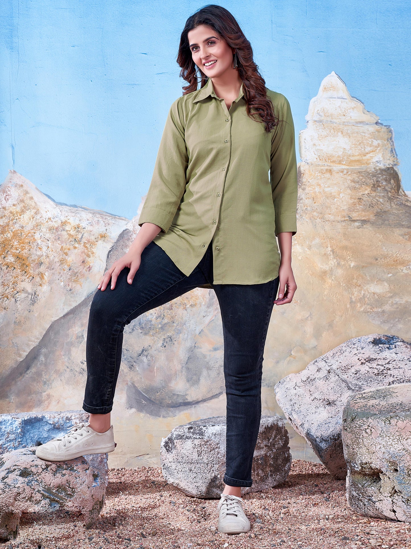 Solid Cotton Light Olive Shirt for Women – Plain & Comfortable Everyday Wear