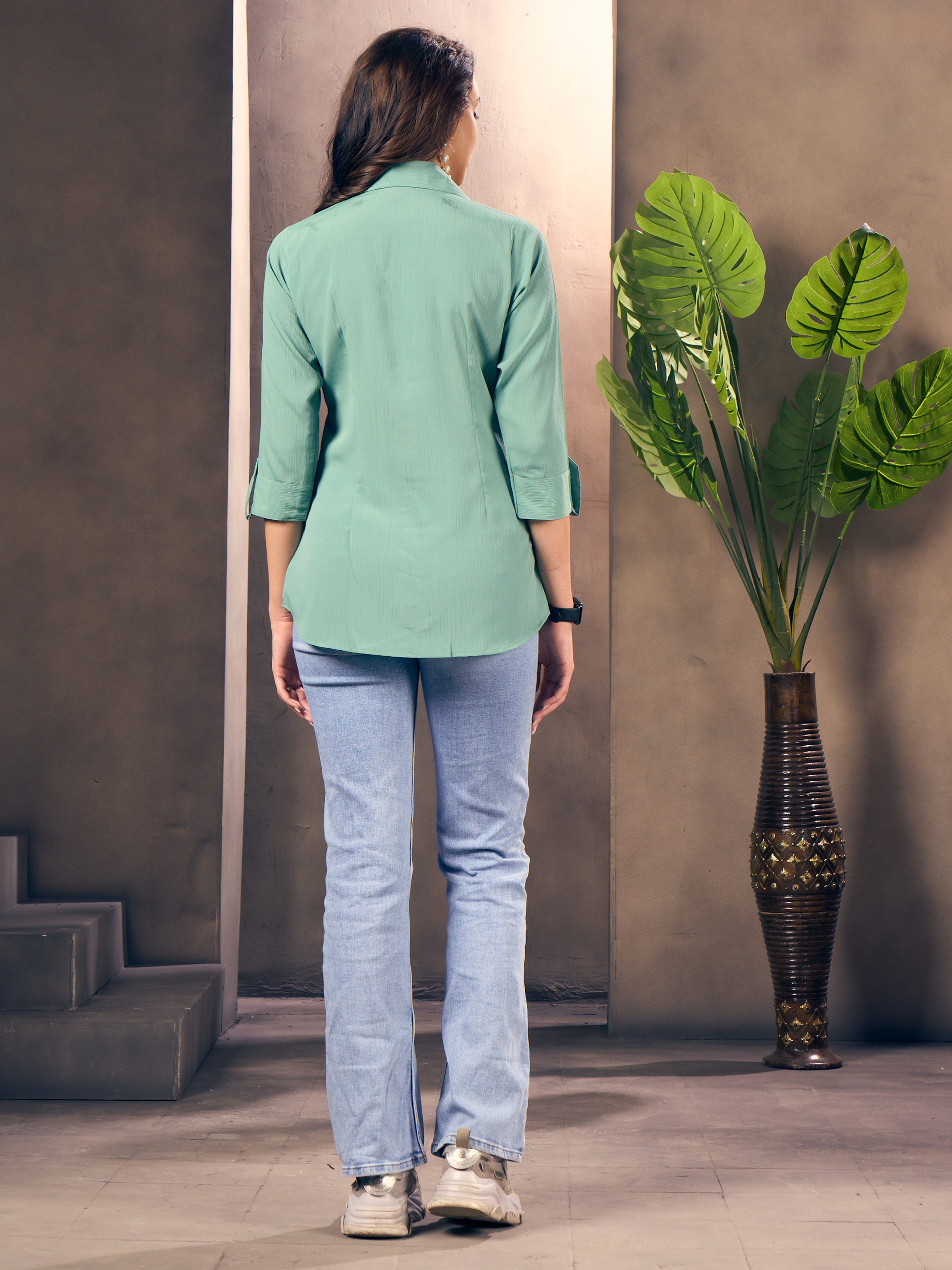 Cyan Green Cotton Shirt for Women – Formal Office Wear & Business Attire