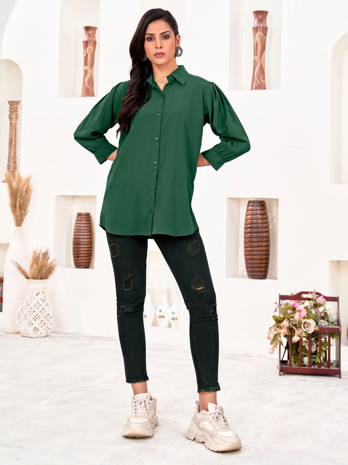 Green Office-Ready Women’s Cotton Shirt – Stylish & Breathable
