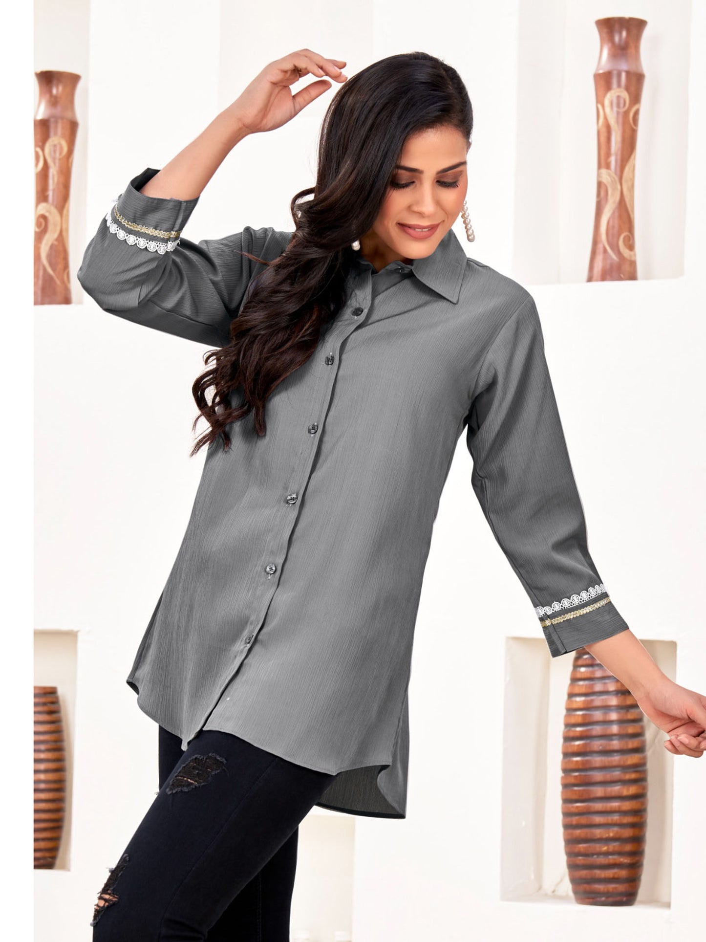 Grey Classic Cotton Shirts for Women – Stylish & Professional Office Wear
