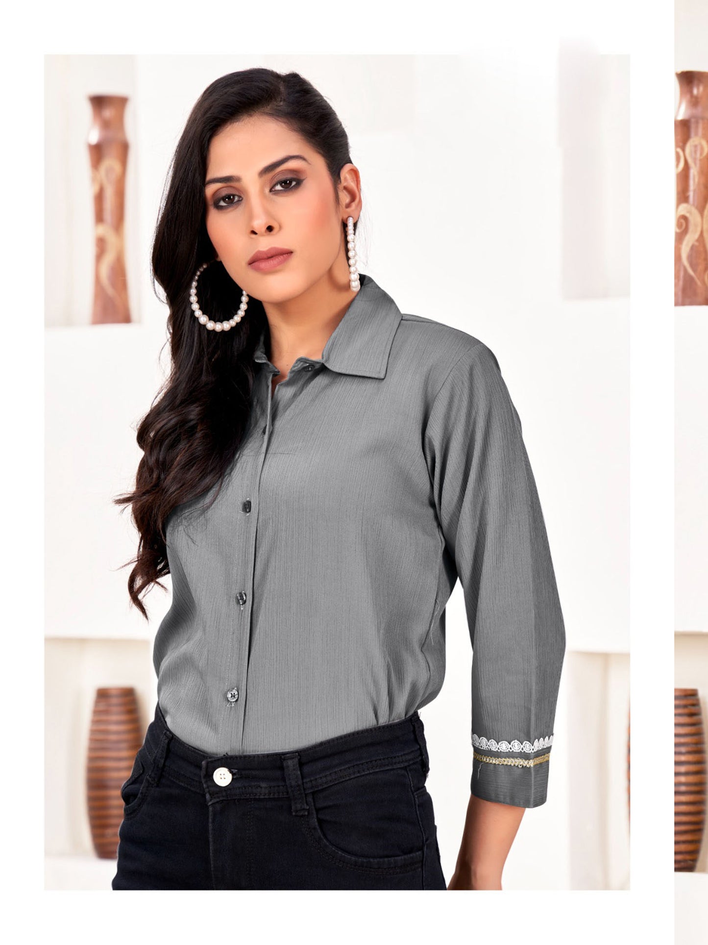 Grey Classic Cotton Shirts for Women – Stylish & Professional Office Wear